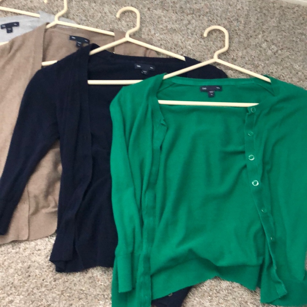 GAP Cardigan Trio in Green, Navy, and Tan